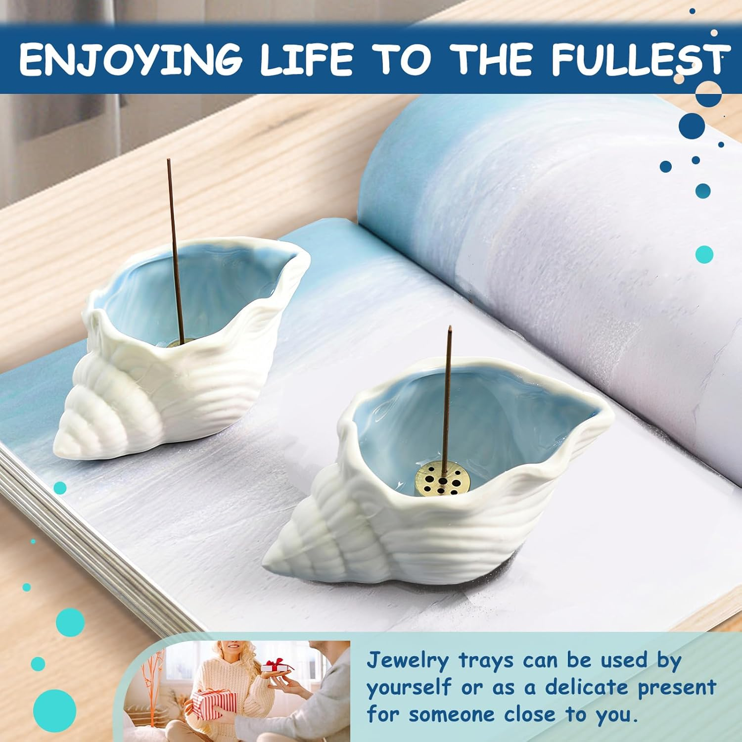 Yitexin Conch Shape Ceramic Jewelry Dish, Blue Sea Shell Trinket Tray, Ocean-Themed Decorative Ring Holder Dish, Women Jewelry Plate Tray for Earrings Necklaces Bracelet (Conch)