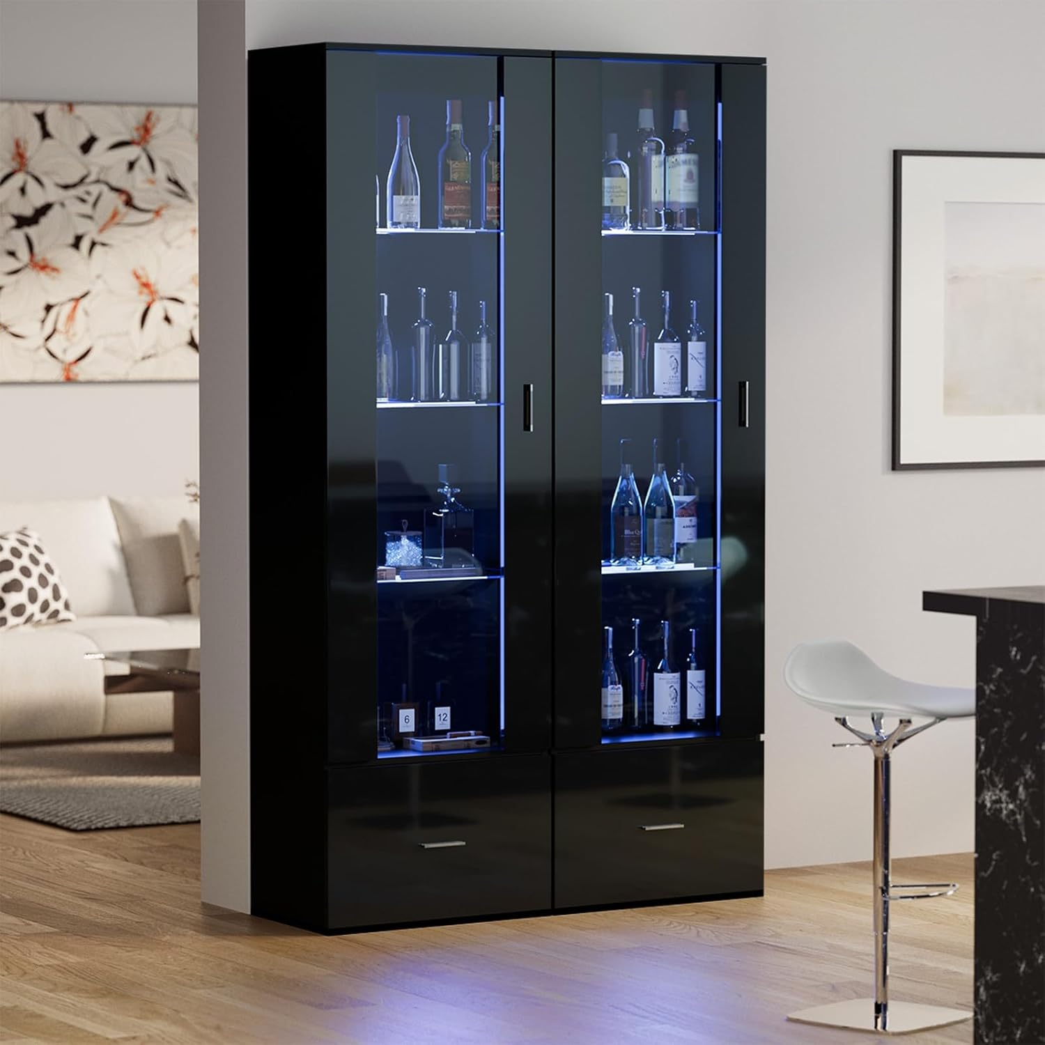 Oikiture Display Cabinet with 4 Shelves and Drawer Sideboard Buffet Storage Cabinet Wine Cabinet Black