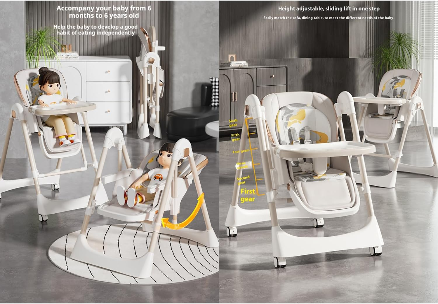 Baby High Chair & Toddler Chairs, Adjustable Baby Highchair with Recline, Wheels & Removable Tray, Convertible Feeding Chair & Baby Dining Chair for 6M~6Y(White) image number 4