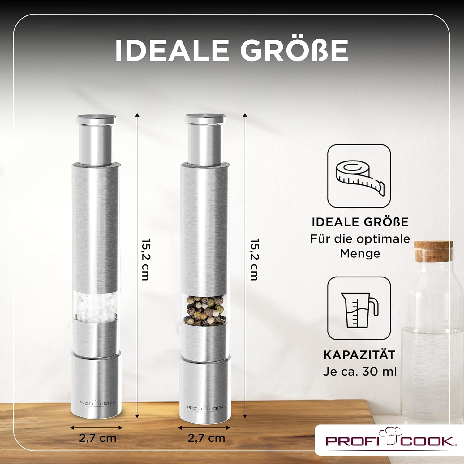 Proficook&reg; Salt and Pepper Shakers, Pepper Mill, Salt and Pepper Mill, Set of 2, Stainless Steel Salt Shaker, Robust Grinder, One-Hand Operation, 100% Mechanical, Spice Mill PC PSM 1160