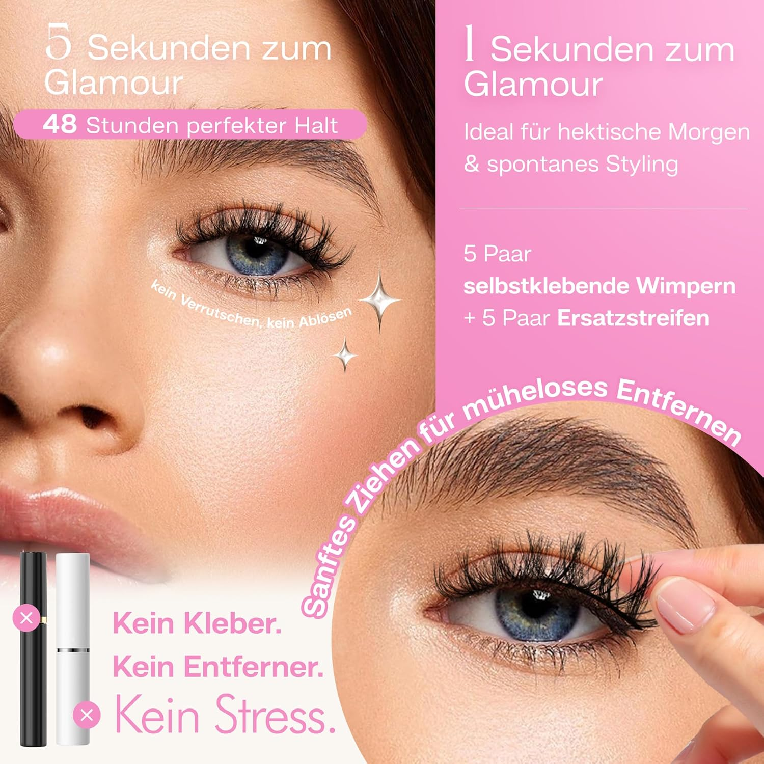 CALAILIS Self-Adhesive Eyelashes, 5 Pairs, Natural Look, Press-On False Eyelashes, No Glue, Reusable, Cat Eye, Wispy, Pre Glued Fake Lashes with Replacement Adhesive Strips (C001) image number 5