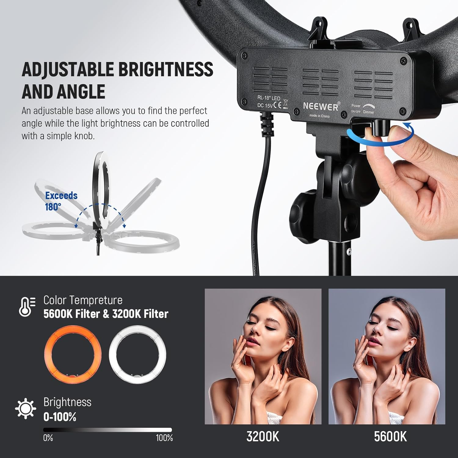 NEEWER Ring Light 18Inch Kit: 55W 5600K Professional LED with Stand and Phone Holder, Soft Tube & Bag for Tattoo Lash Extension Barber Makeup Artist Studio Video Photography Lighting, RL-18 image number 5