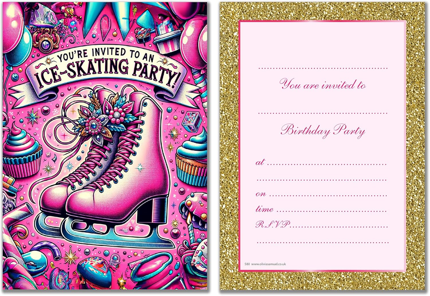 PACK 20 Ice Skating Party Invitations with Envelopes &ndash; Artistic Pink Designs &ndash; Double Sided Cards &ndash; Designed and Printed in the UK image number 3