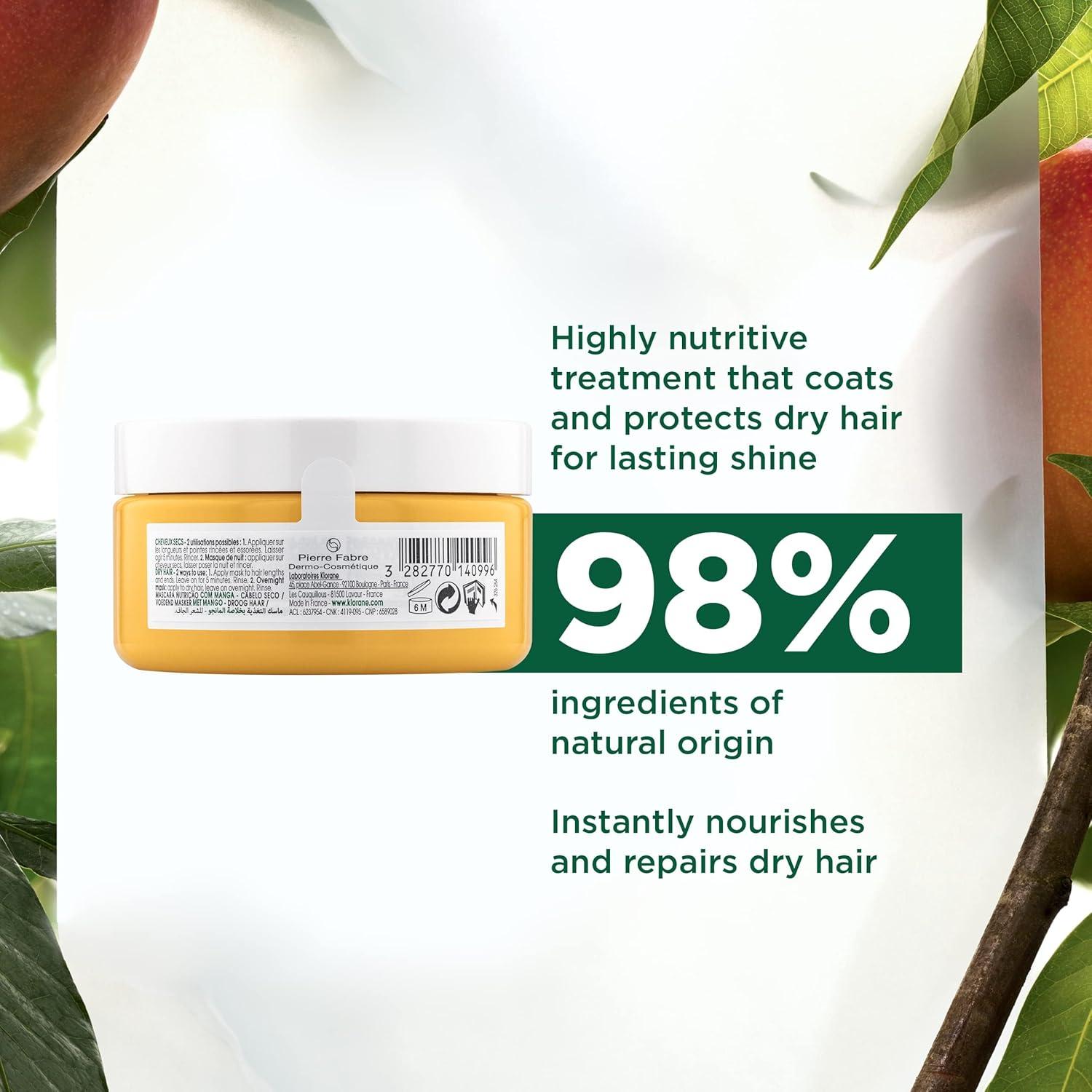 Klorane Nourishing 2-In-1 Mask with Mango, Deep Conditioning and Overnight Treatment for Dry Hair, Paraben, Silicone and Sulfate Free, Biodegradable, Vegan, 5 Fl.Oz. image number 1