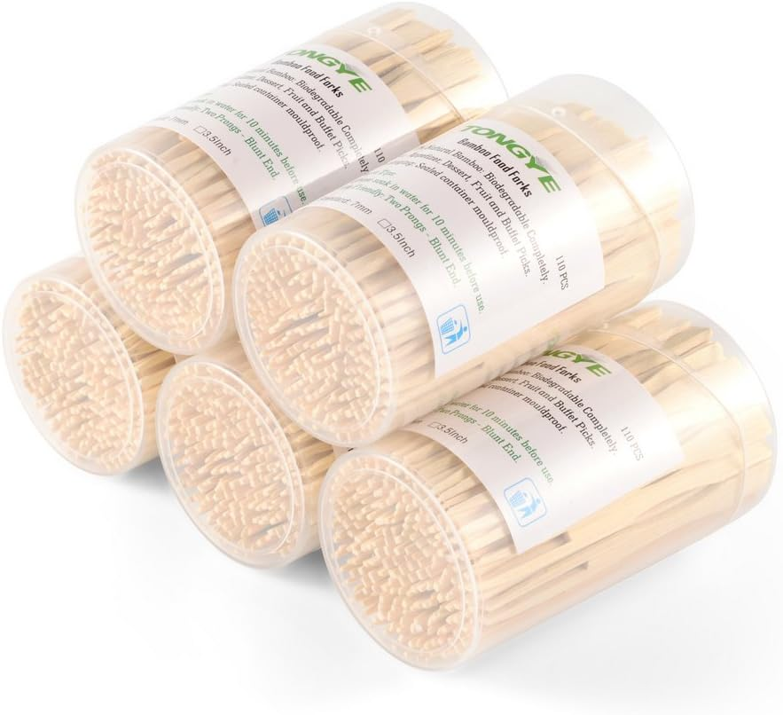 TONGYE Bamboo Forks 3.5 Inch, Mini Food Picks Party, Banquet, Buffet, Catering Daily Life. Two Prongs - Blunt End Toothpicks Appetizer, Cocktail, Fruit, Pastry, Dessert. (110 PCS) image number 5