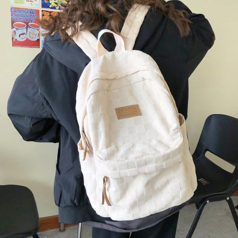 MININAI Aesthetic Checkered Backpack Light Academia Plaid Backpack Cute Preppy Backpack Fit 15.6 Inch Laptop Light Rucksack - Beige image number 2
