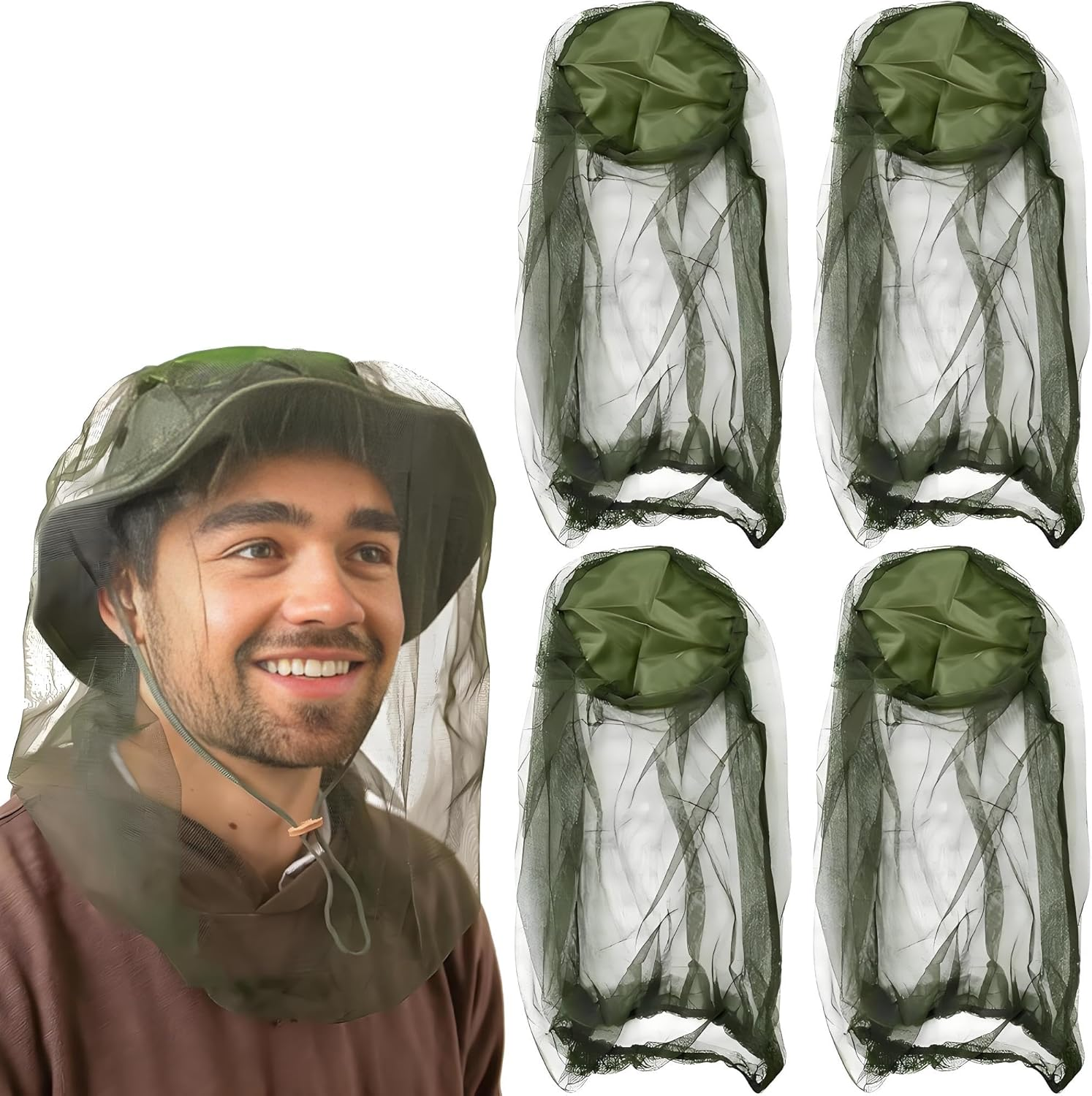 4 Pack Mosquito Head Net - Breathable Insect Face Shield for Hiking, Camping,Fishing & Gardening | Lightweight Bug Proof Mesh Cover | Beekeeper Approved | Army Green image number 2