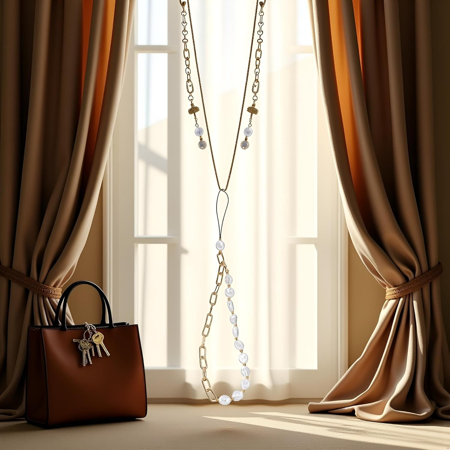 Jjlfresheners 1Pc White Phone Lanyard, Metal Chain, Pearl Beaded Phone Charms, Universal anti Lost Chain, Wrist Strap, Decorations Charm Keychain Accessories, Metal, Agate image number 3