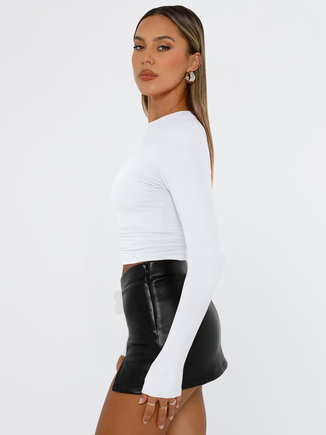 Trendy Queen Womens Clothing Long Sleeve Tops Crew Neck Basic T Shirts Going Out Y2K Crop Top Workout Gym Clothes 2025 image number 3