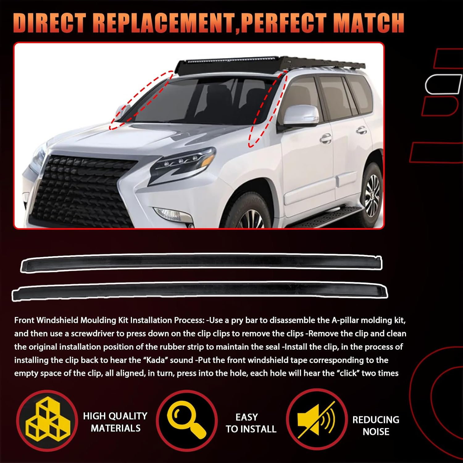 Dtomi Front Driver & Passenger Side Windshield Moulding Kit Automotive Replacement Parts Compatible with Lexus Vehicle GX460 Land Cruiser Prado 2010-2022 Replace# 75536-60010 75535-60020 75545-53011 image number 4
