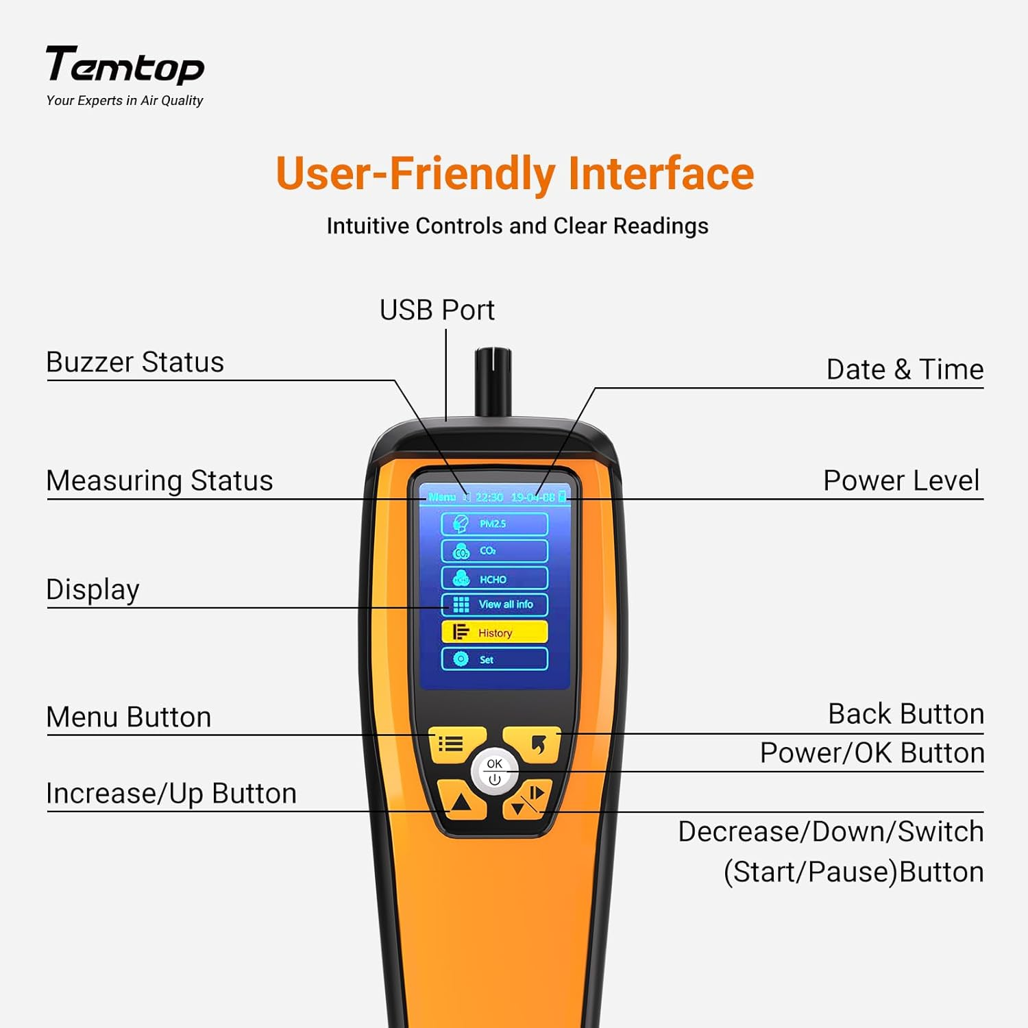 Temtop M2000C Air Quality Monitor for PM2.5 PM10 Particles CO2 Temperature Humidity Settable Audio Alarm Recording Curve Easy Calibration Colorful Display image number 6