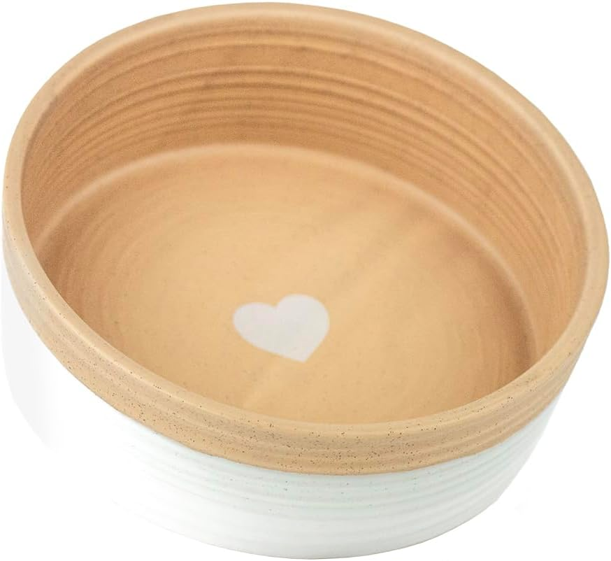 Barkley & Bella Dog Bowl Ceramic Heart, White&Brown - Dog Bowl, Handcrafted, Durable, Dishwasher-Safe, Heavyweight Stability