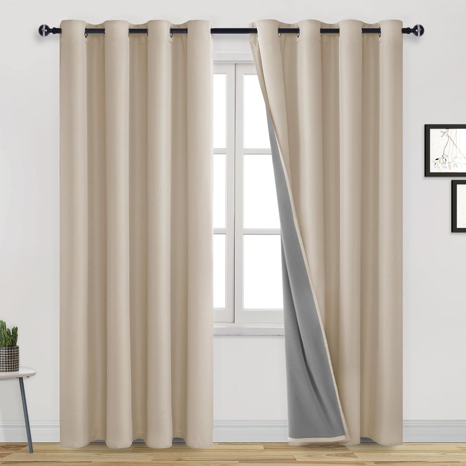 DWCN 100% Blackout Curtains for Living Room with Liner, Double Layer Thermal Insulated Full Room Darkening Noise Reducing Eyelet Curtains 2 Panels, Each W132Cm X D213Cm, Greynish White