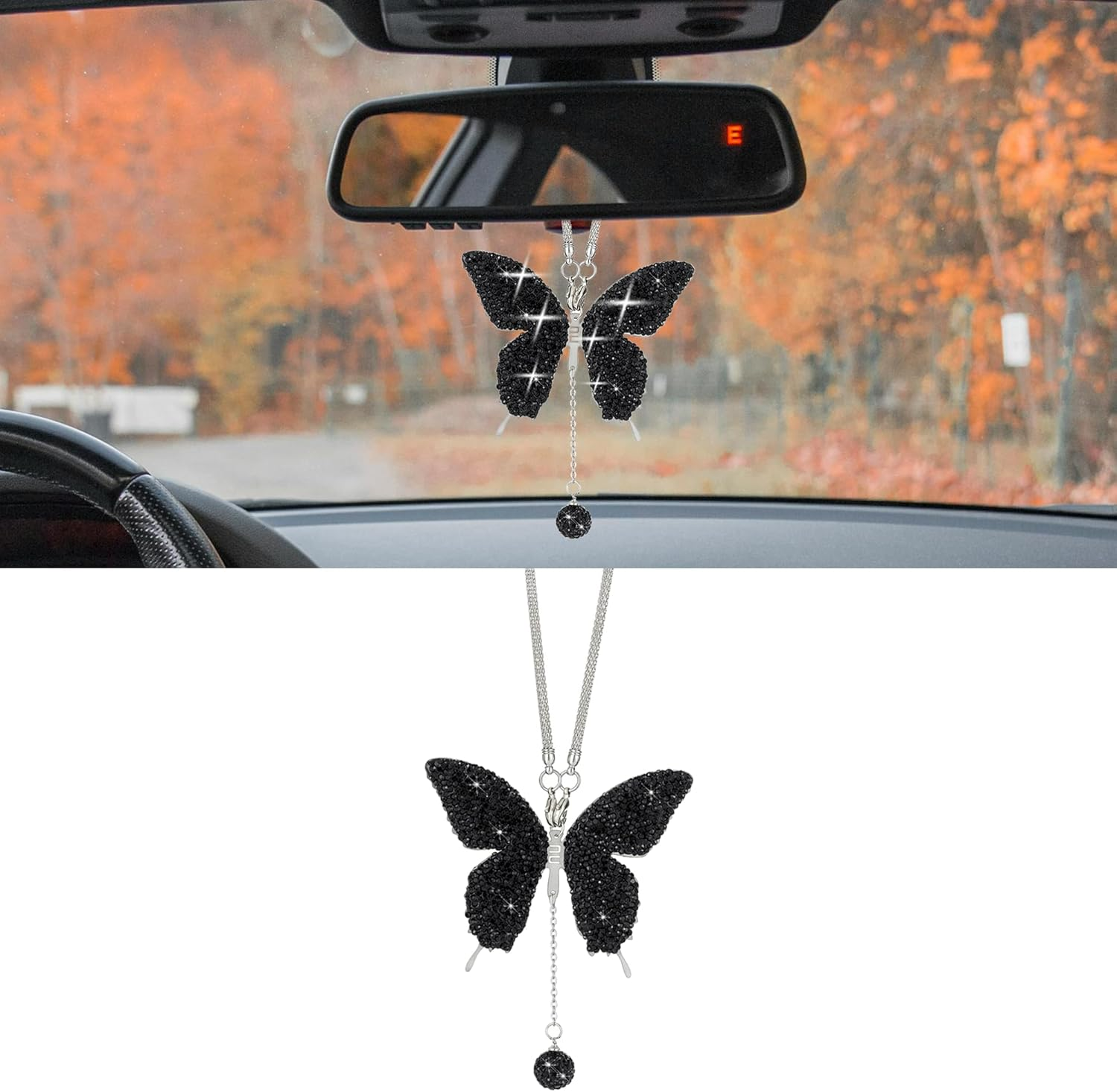 Couslcd Bling Butterfly Diamond Car Accessories, Crystal Car Rear View Mirror Charms for Women, Car Decoration Lucky Hanging Interior Crystal Ornament Pendant Decor for All Cars (Black)