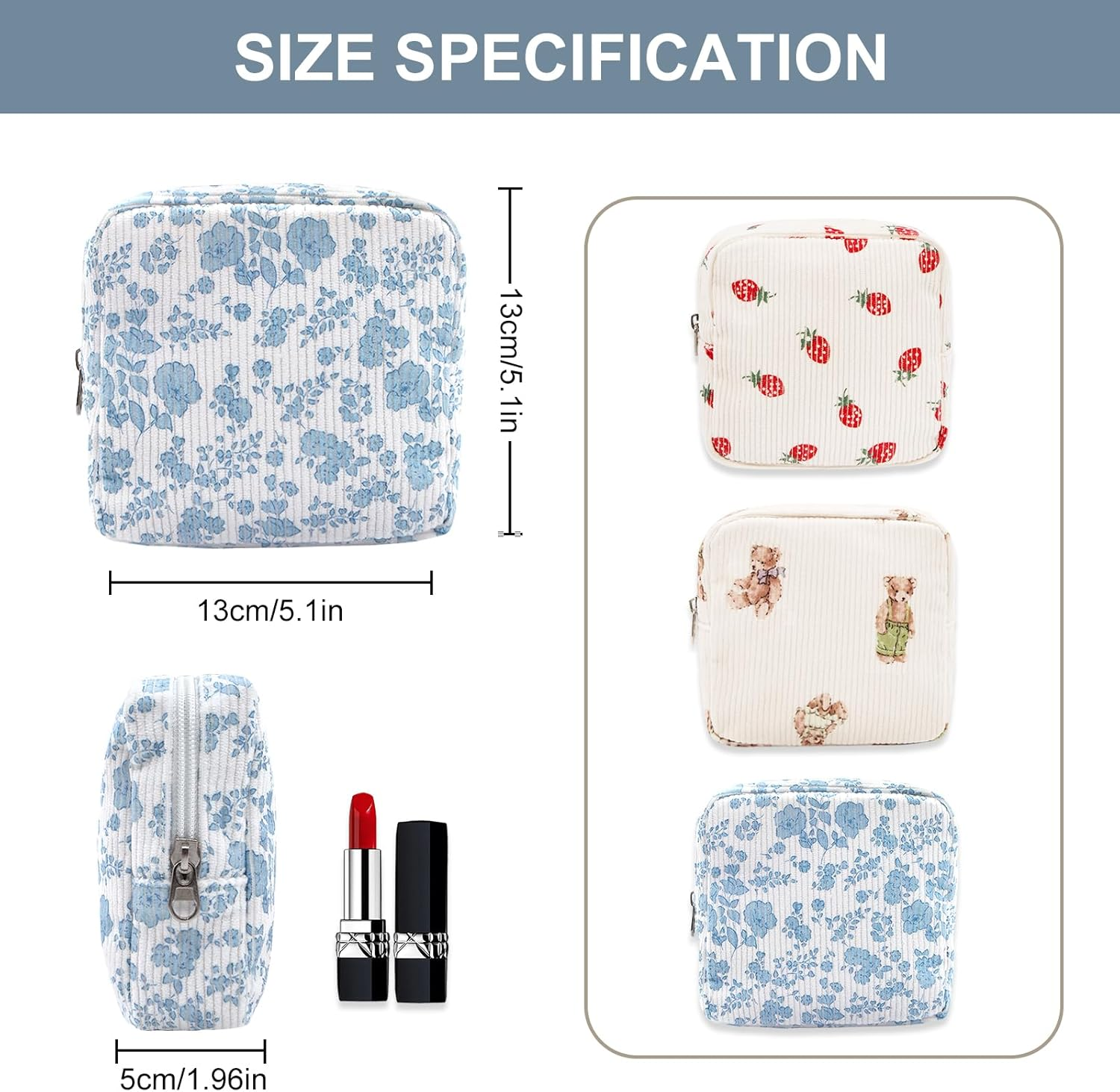 Long Keeper Small Cosmetic Bag Toiletry Bag with Compartments Mini Makeup Bag Strawberry Printing Corduroy Travel Toiletry Pouch for Women Girls Gift, Blue Flower, Small Make up Bag image number 4