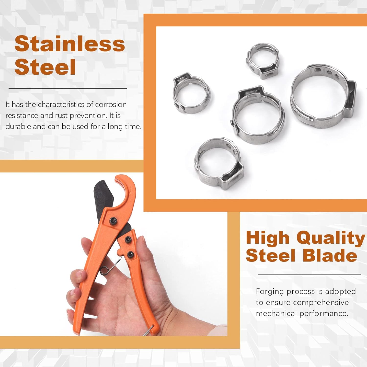 Tanstic 42Pcs 9 Inch Ear Clamp Pliers with 5 Sizes 304 Stainless Steel Single Ear Hose Clamps and PEX Tube Cutter, Pincer Crimper Tool Ear Clamp Pliers Crimper Nail Puller image number 3