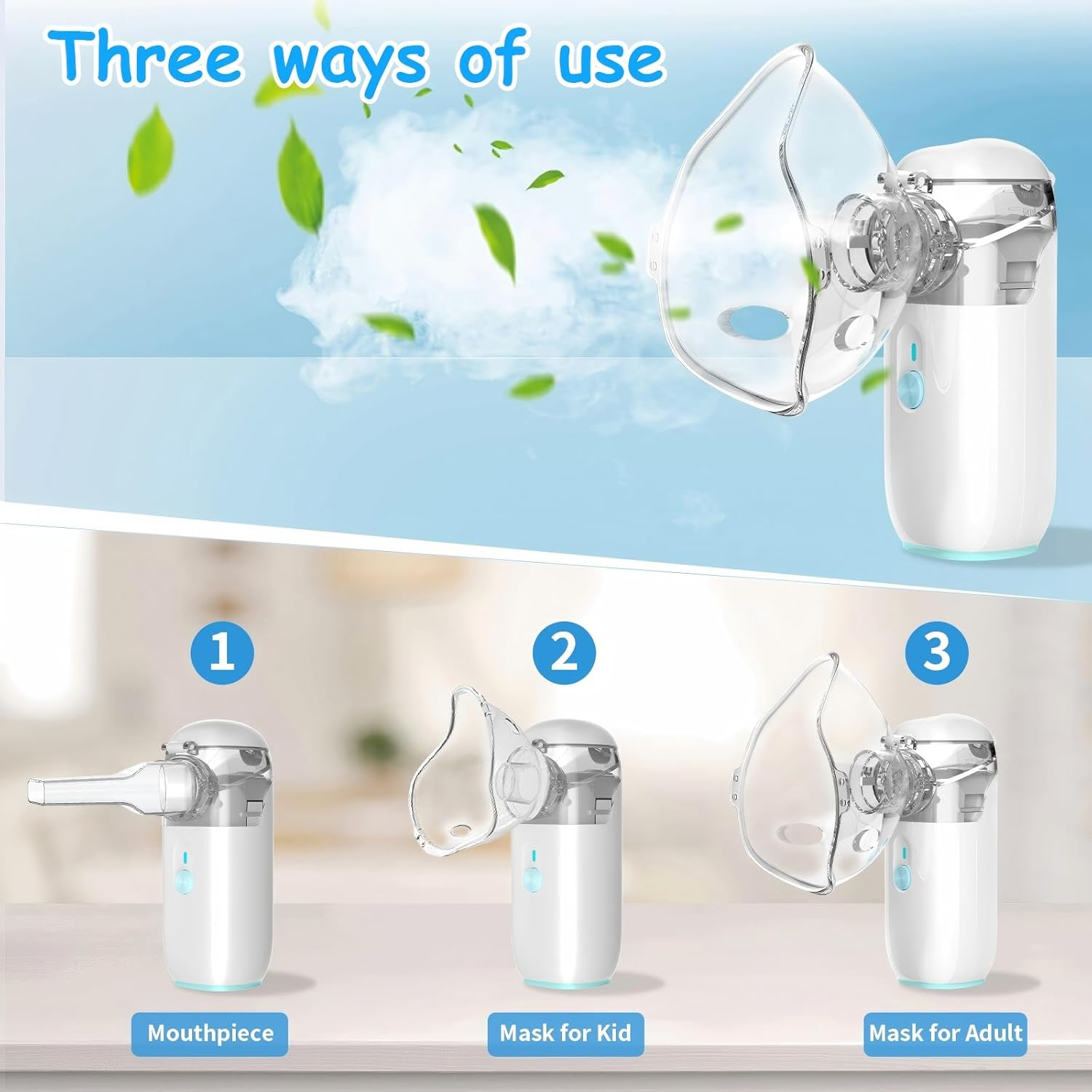 Nebulizer, Portable Nebulizer, Mini Vaporizers Handheld Atomizers for Adults and Kids,For Breathing Problems, with 3 Nebulizer Masks for Home, Travel - Steam Mesh Inhalators, Auto-Cleaning image number 3