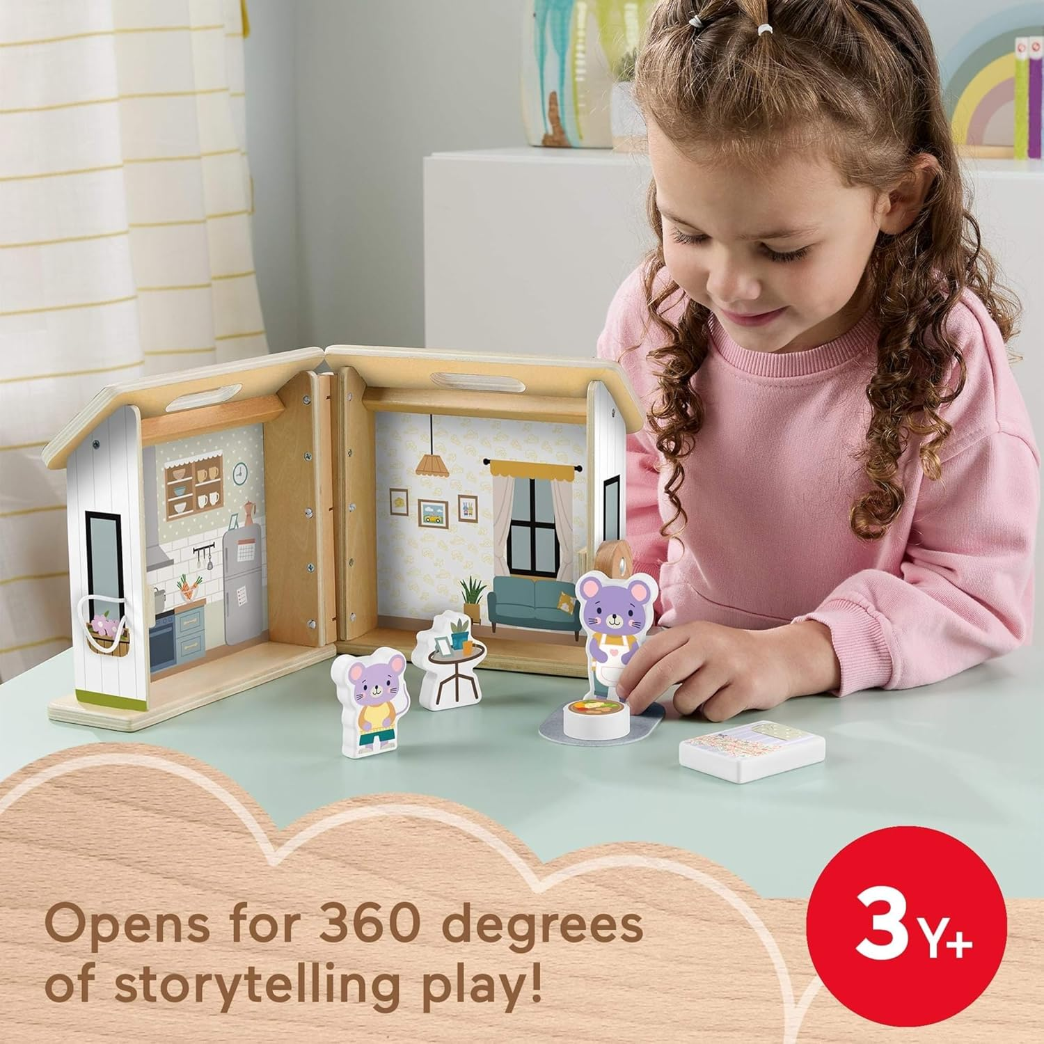 Fisher-Price Wood Pretend Play Toy Dollhouse, 6-Piece Wooden House Playset for Travel Preschool Kids Ages 3+ Years image number 4