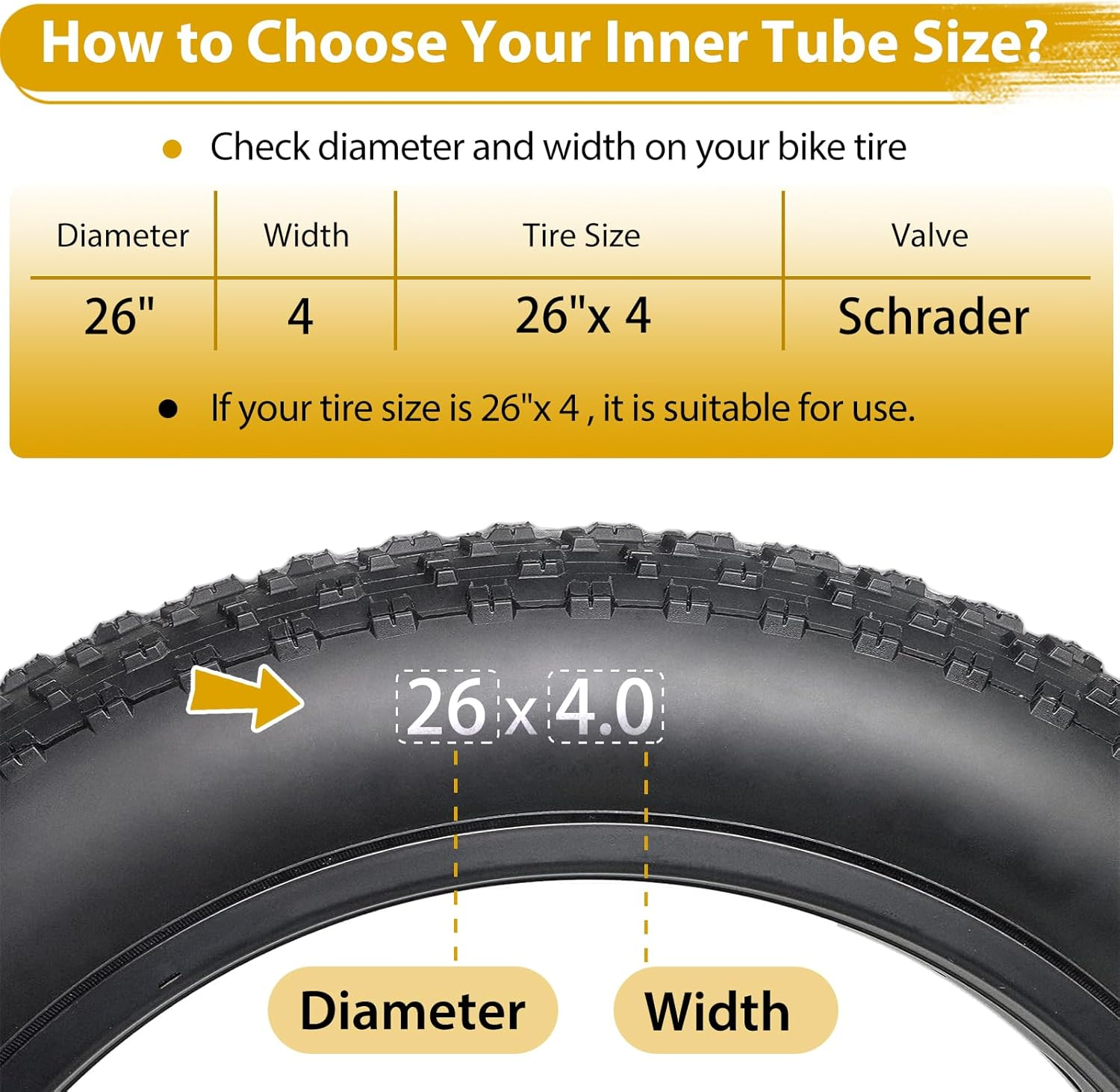 2 Pack 26 X 4.0 Fat Tire Tube Schrader Valve, Puncture Proof Bike Tubes for 26 X 4 Bicycle Tire, Butyl Rubber Inner Tube for Ebike/Electric Bike/Mountain Bike