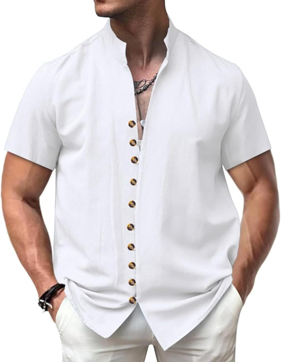 Men'S Button down Hawaiian Linen Shirt Mandarin Collar Short Sleeve Solid Shirt Beach Vacation Summer Casual Tshirts image number 3