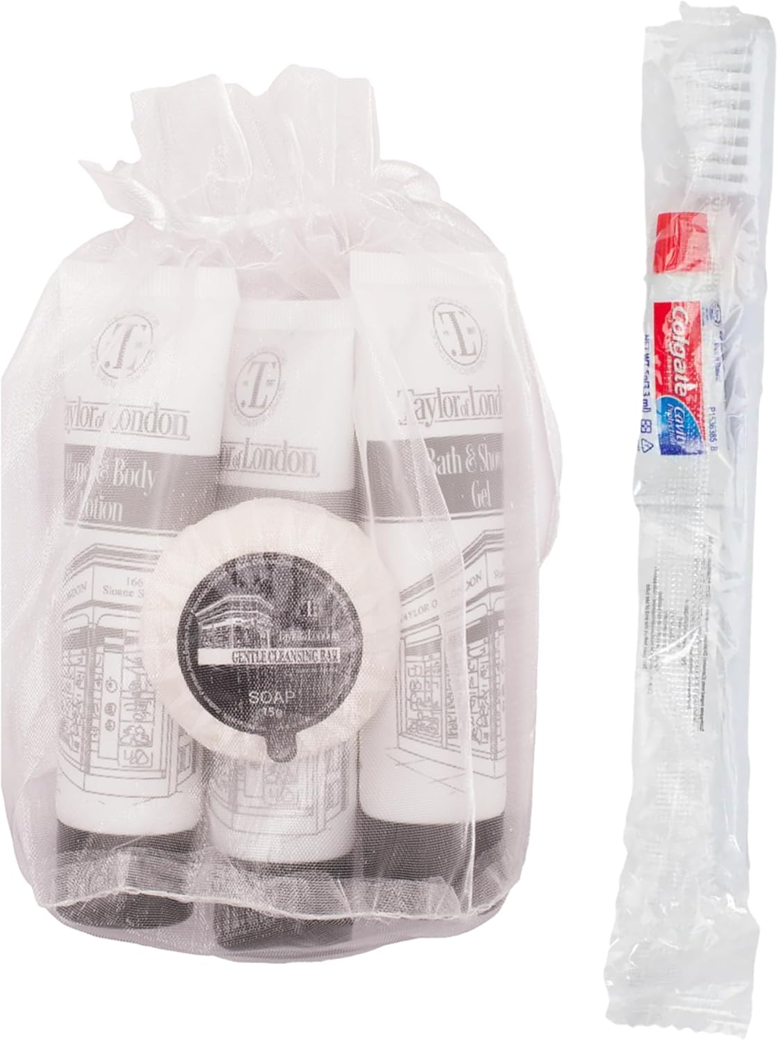 7Pcs Travel Essentials Toiletry Bags for Women & Men - Holiday Essentials Including Travel Toothbrush, Mini Toothpaste, 30Ml Mini Shampoo and Conditioner Set, 30Ml Shower Gel, 15G Soap in Organza Bag