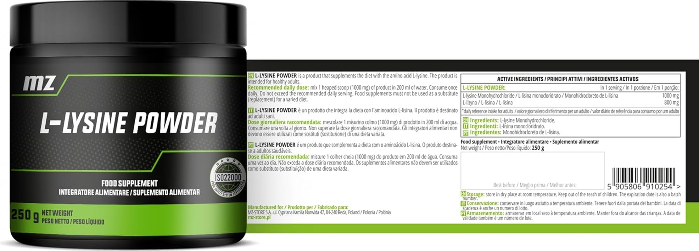 L-Lysine Powder 250G - Pure L-Lysine HCI 1000 Mg per Serving - 250 Servings per Pack - Amino Acid Supplement - Vegan and without Additives - by MZ image number 3