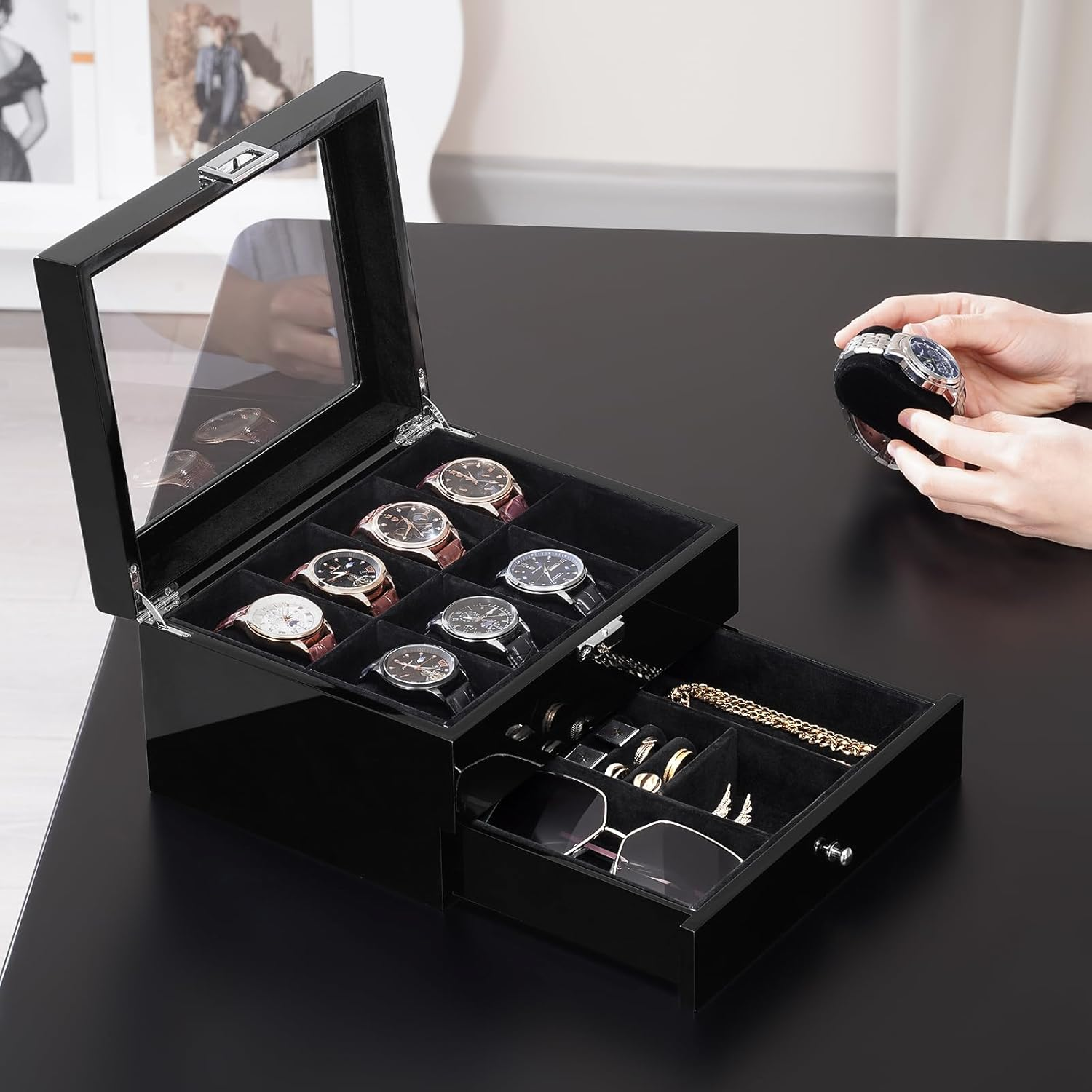 Procase Wooden Watch Case for Men, 8 Slot Mens Watch Box with Drawer, 2-Layer Watch Display Case, 8 Watch Holder Organizer, Jewelry and Watch Storage Organizer for Men Women -8 Slot, Black image number 5