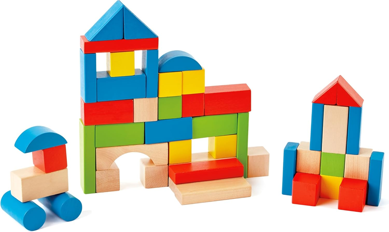Maple Wood Kids Building Blocks by Hape | Stacking Wooden Block Educational Toy Set for Toddlers, 50 Brightly Colored Pieces in Assorted Shapes and Sizes image number 2