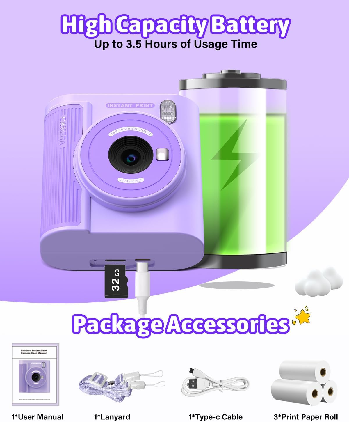 Mgaolo Kids Camera with Instant Print, Thermal Printing Digital Camera Toy for 3-12 Years Old Children, Safe Ink-Free Design, Present for Creativity & Learning (Purple) - Black image number 2