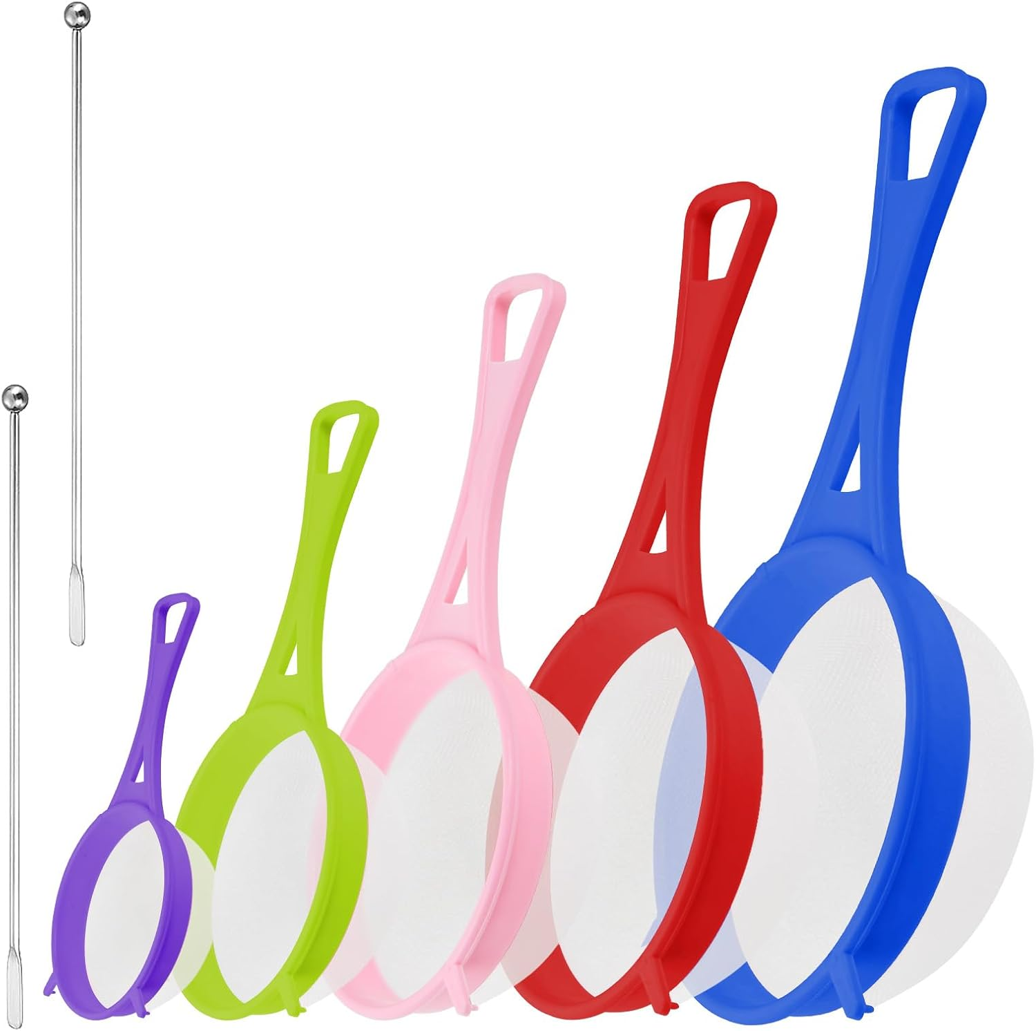 Pack of 5 Kitchen Strainers, Fine Mesh Plastic Strainer, Nylon Sieve with Stirrer, Flour Sieve for Tea, Rice, Fruit, Vegetables, Juice, Milk, Coffee, 6/8/12/15/17 Cm