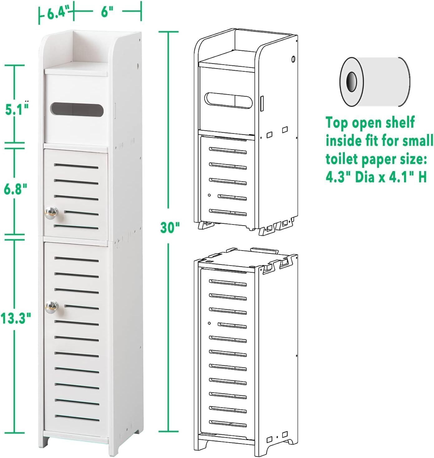 Askan Storage Cabinet for Small Spaces, over the Toilet Cabinet for Skinny Bathroom Storage Corner Floor, Slim Paper Cabinet with 2 Doors & Shelves (White) image number 4