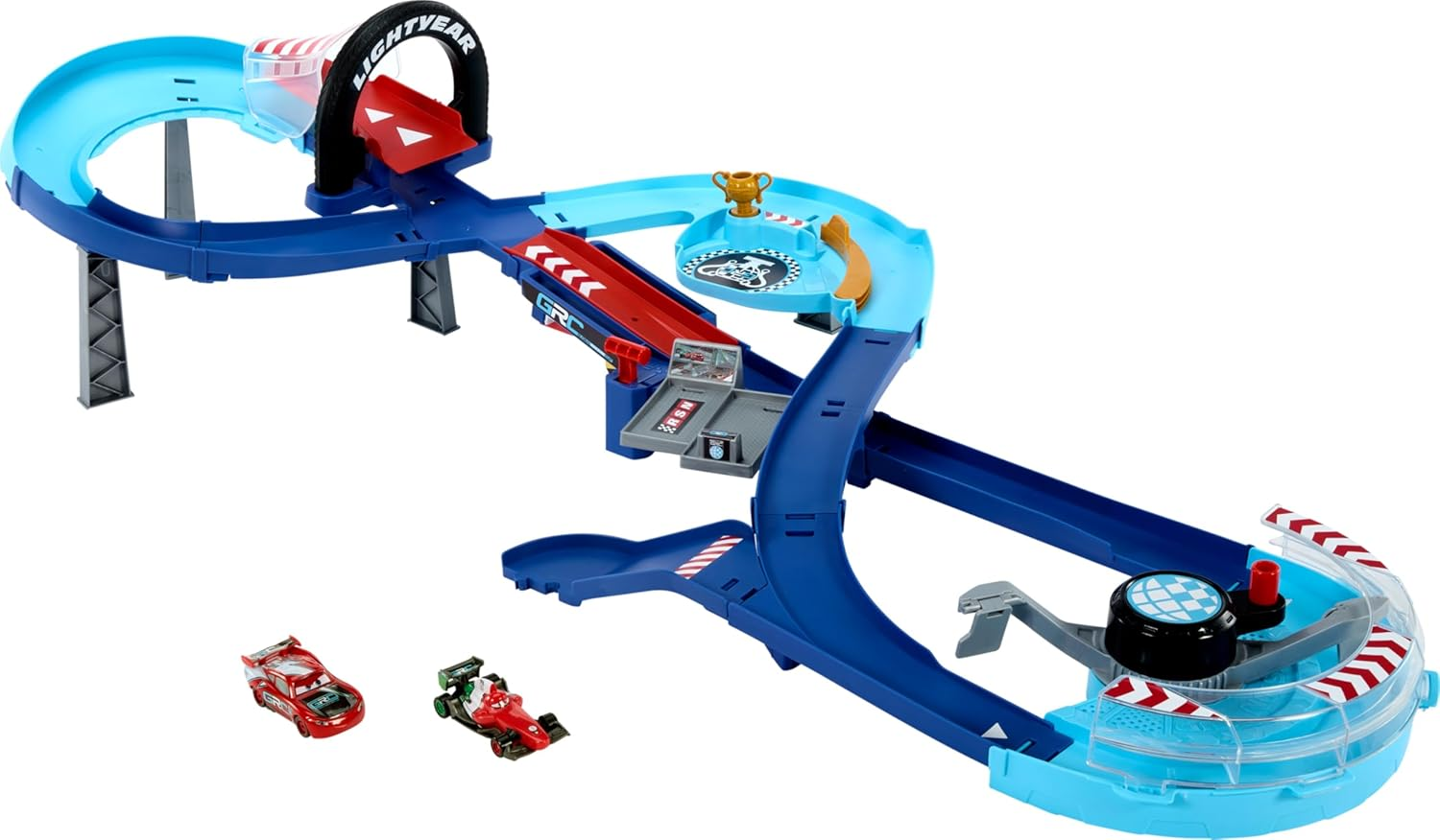 Mattel Disney and Pixar Cars Playset with 2 Toy Cars, Lightning Mcqueen & Francesco Bernoulli, GRC Jumping Raceway Track Set with Kid-Powered Booster image number 3