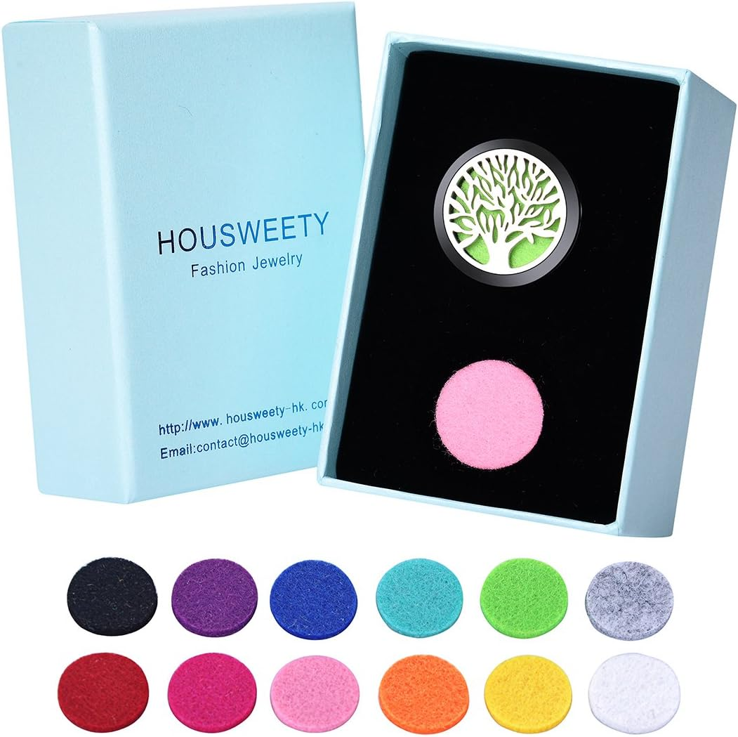 HOUSWEETY Car Air Freshener Aromatherapy Essential Oil Diffuser - Tree of Life Stainless Steel Locket,12 Refill Pads