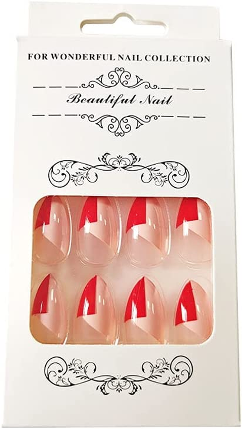 Oval Short Press on Nails Red Stiletto False Nail Full Cover Hypotenuse Nail Art for Salon Women Girls 24PCS image number 1