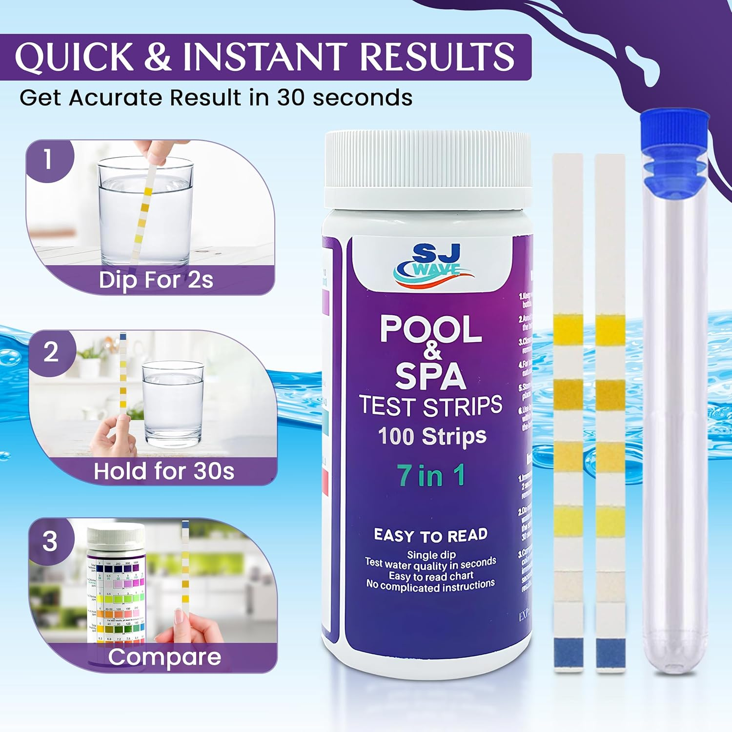 Pool & Spa Hot Tub Test Strips - 7 in 1 Pool & Spa Test Strips for Hot Tub Detects Ph, Chlorine, Bromine, Hardness, Alkalinity, Cyanuric Acid | Ph Test Strips | 100 Pool Testing Strips