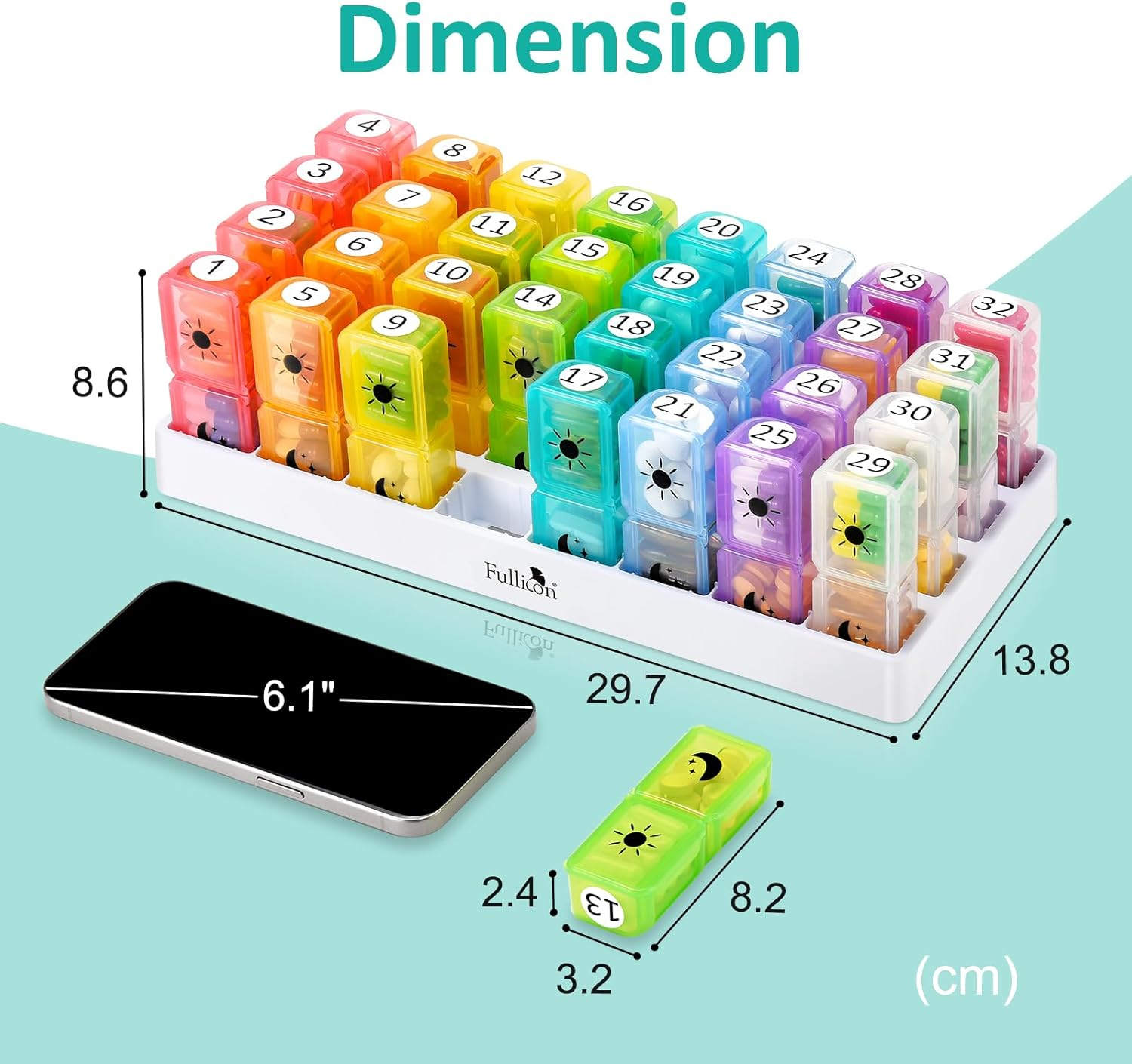 Fullicon Monthly Pill Organiser 2 Times a Day, 30 Day AM PM Pill Box & Medicine Organiser with 32 Large Removable Cases for Vitamins & Travel (Rainbow White) image number 1