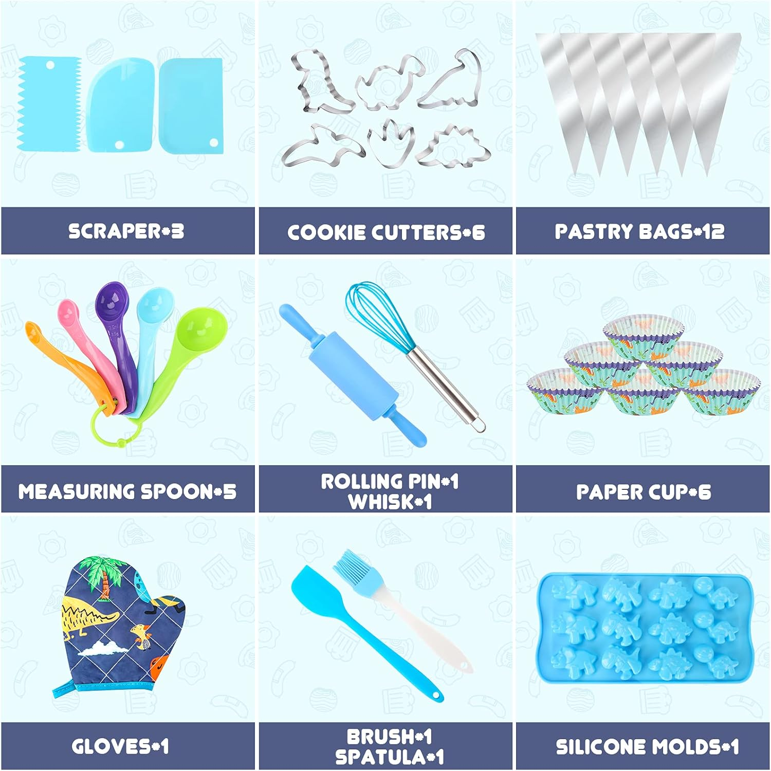 Aoskie Dinosaur Chef Toy Set, Kids Baking Set with Apron, Hat, Molds & Bags, Ages 3-8, Unisex image number 3