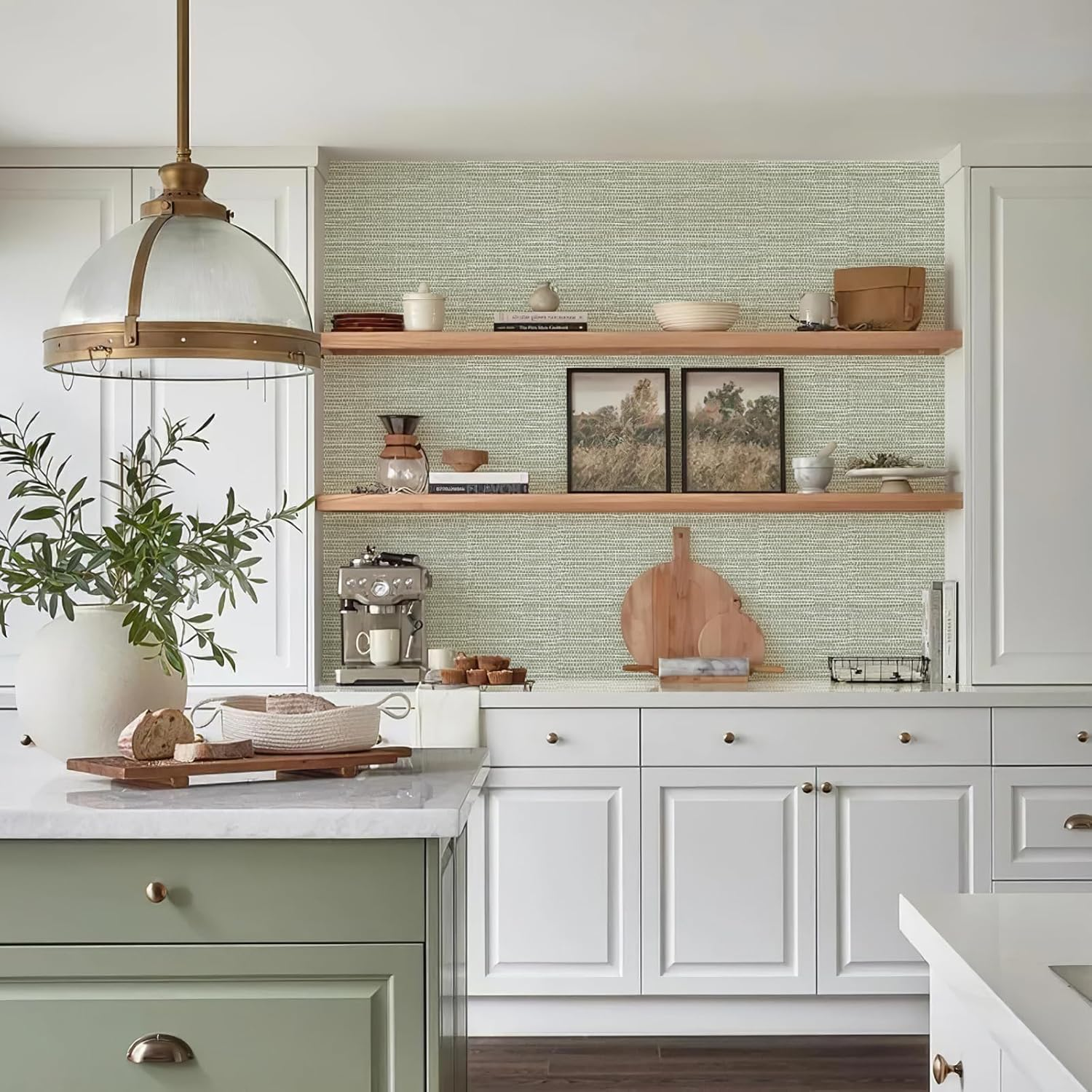 Simon&Siff Green Textured Grasscloth Peel and Stick Wallpaper 17.7"X118" Neutral Faux Grassweave Waterproof Self Adhesive Removable Wallpaper Mural for Home Decor Bedroom Kitchen Cabinet image number 1