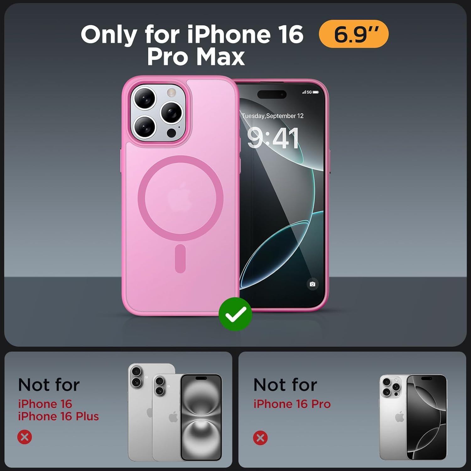 Miracase Magnetic Series for Iphone 16 Pro Max Case [With 2X Screen Protector] Military-Grade Protection, Anti-Fingerprint, Slim Phone Case for 16 Pro Max 6.9 Inch (Mes Pink)