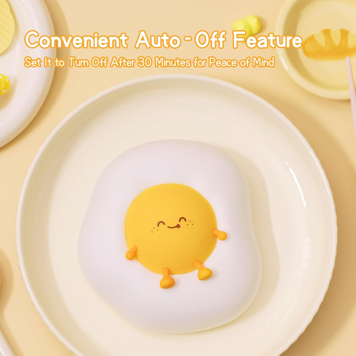 Cute Night Light for Kids Baby, Portable Silicone Rechargeable Nightlight, Cordless LED Touch Sensor Dimmable Bedside Lamp, Small Squishy Toy for Boy Girl, Nursery Decor (Fried Egg) image number 4