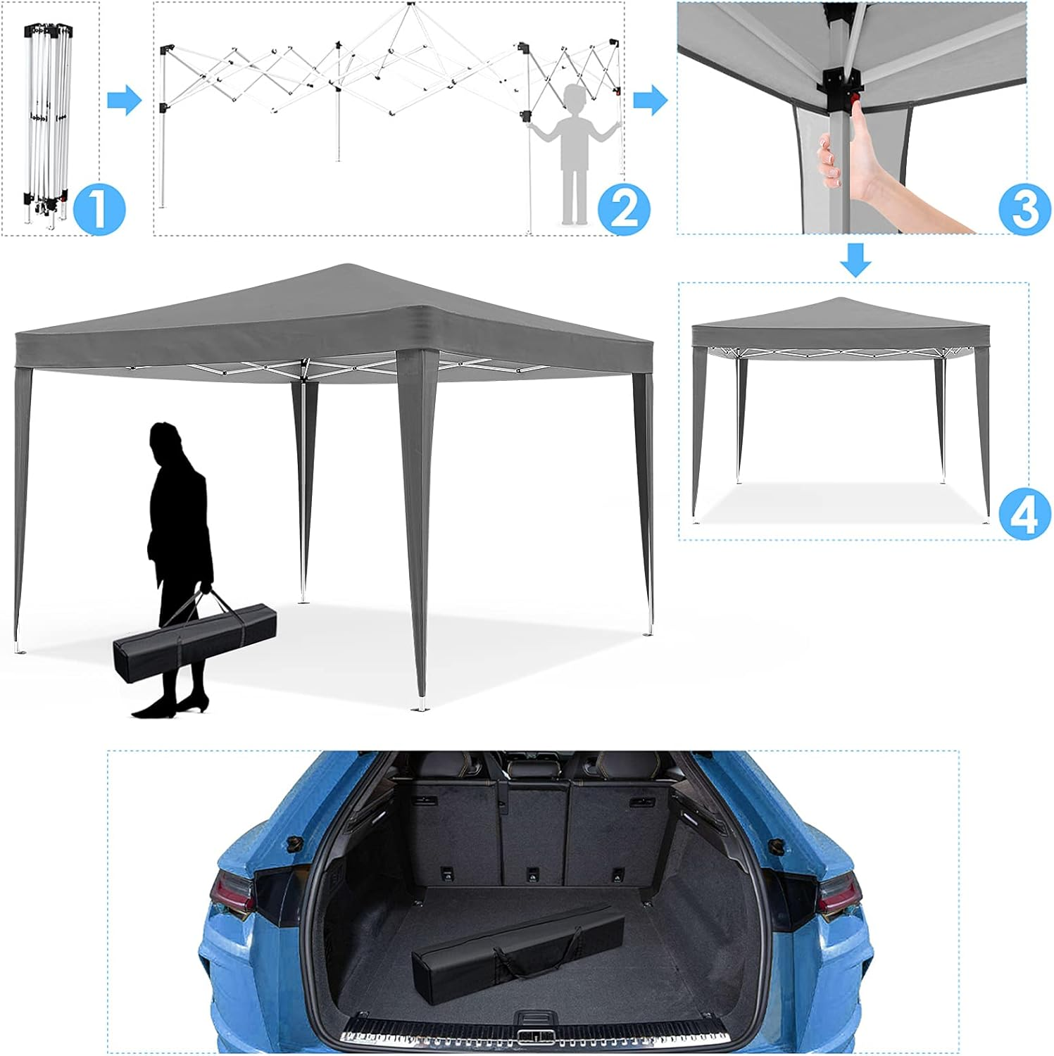 Advwin 2X2 Pop up Canopy, Portable Marquee, Waterproof Commercial Tent, Grey Folding Gazebo for Outdoor Events, Markets, Camping, Beach, Backyard, Festivals - Grey-2X2M image number 1
