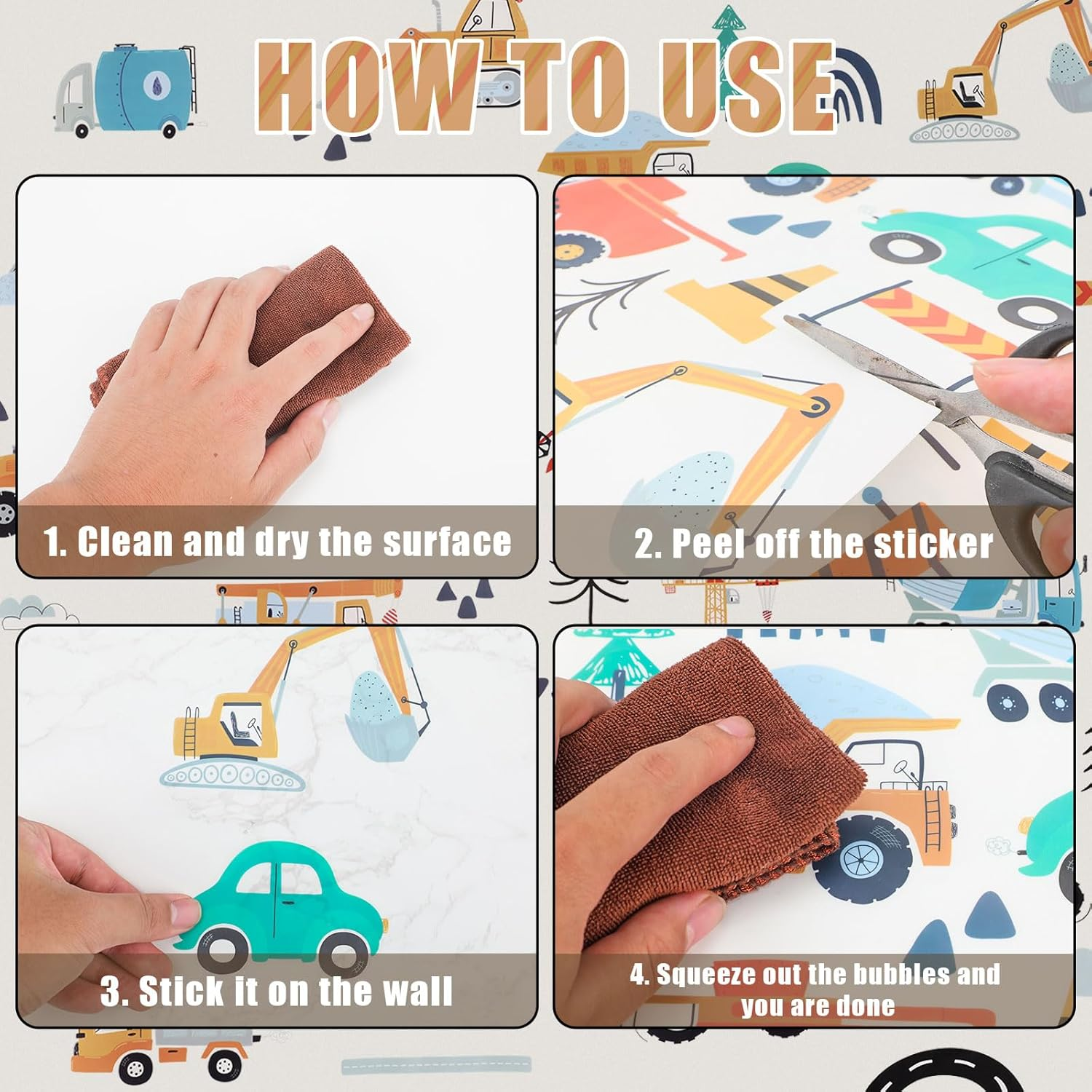 6 Pcs Construction Vehicles Wall Stickers, Transportation Wall Stickers Bohemian Wall Decorations Peel and Stick Wall Decoration for Boys Bedroom Kids Room Playroom Decoration