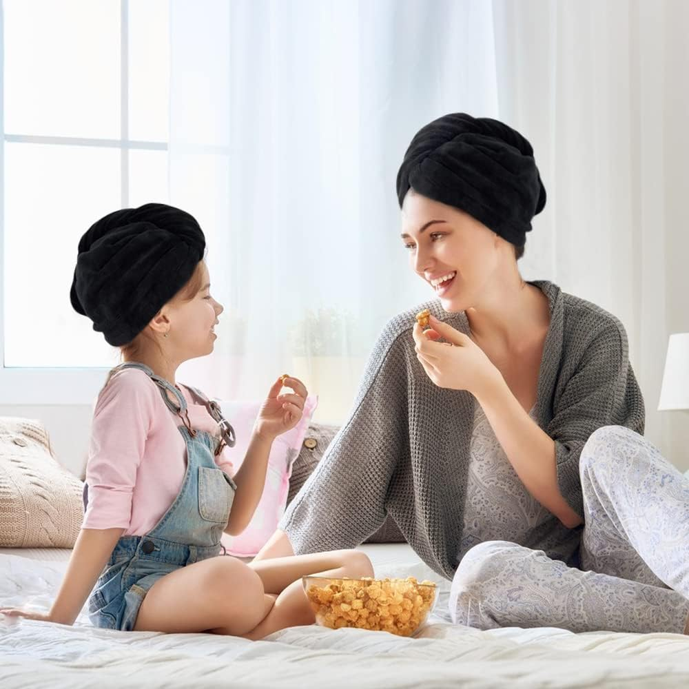 Sinland 3 Pack Microfiber Hair Towel Wrap Super Absorbent Hair Turban for Women Fast Drying Hair Towels with Buttons for Drying Curly Long Thick Hair - Black image number 4