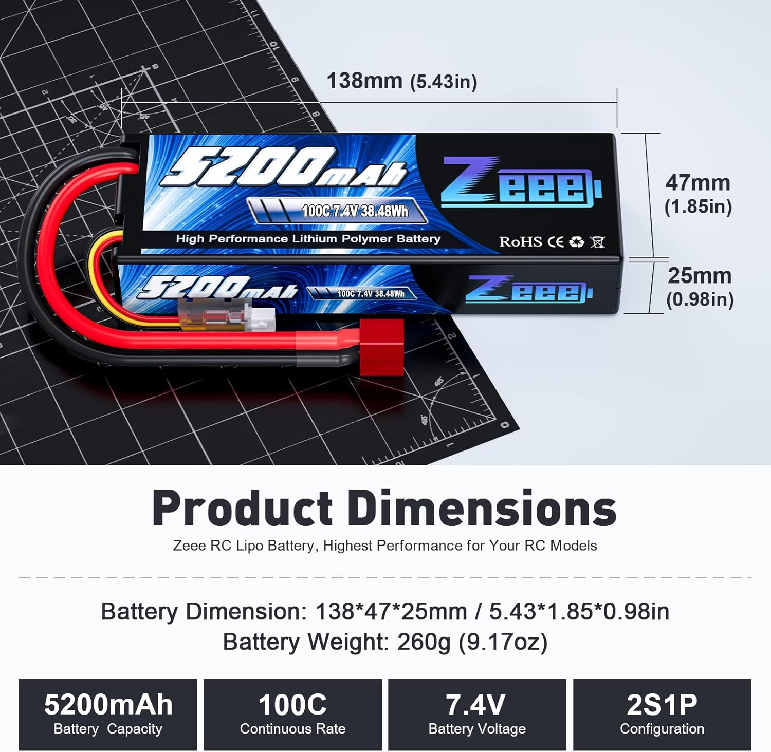 Zeee 2S Lipo Battery 7.4V 100C 5200Mah Hard Case with T Connector for 1/8 1/10 RC Vehicles Car Trucks Airplane Boats image number 5