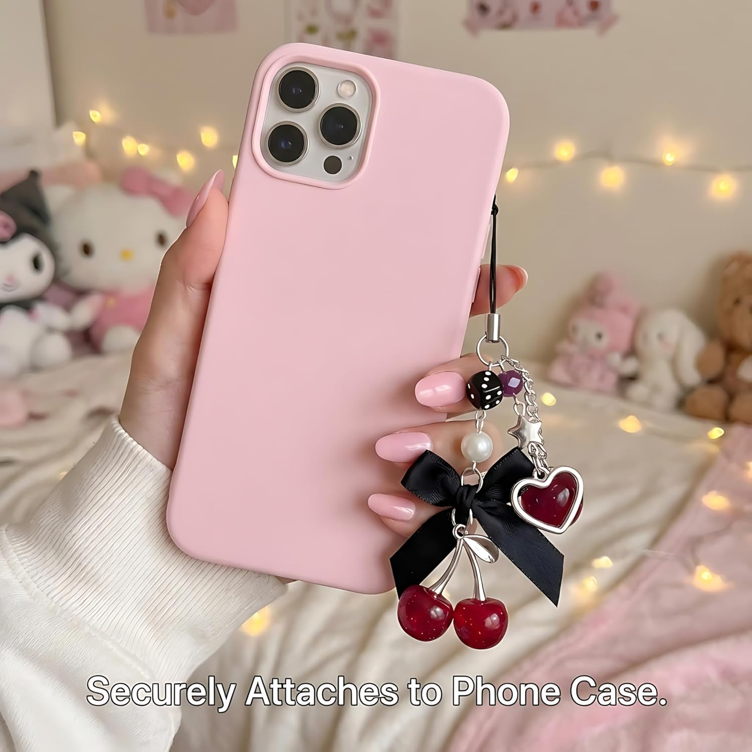 Nalefow Phone Charms Strap Cute Cherry Cellphone Straps Aesthetic Pink Red Black Bluecherry Phone Chain for Camera Keychain Bag Pendant Decor Gift image number 2
