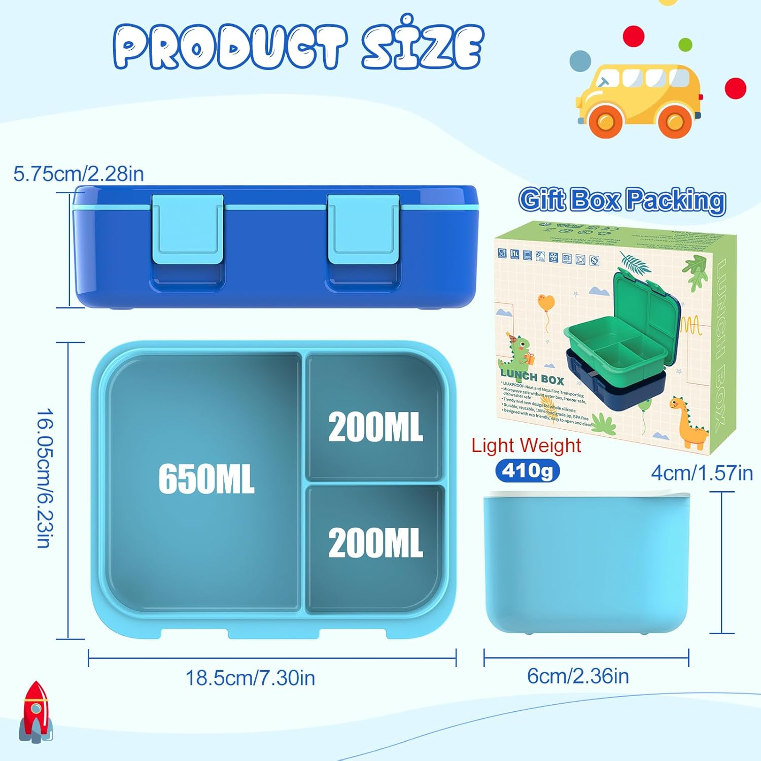 Hombrima Kids Lunch Box, Bento Boxes Food Storage Container with Multi-Compartments for Boys Girls Children Toddler Adult Work School - Blue image number 2