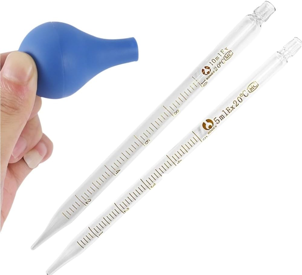 6 Pcs Glass Pipettes Graduated Dropper Kit,0.5Ml /1Ml/ 2Ml/ 3Ml /5Ml /10Ml Thick Glass Dropper Scale Pipette,With 6 Rubber Caps and 2 Pcs Droppers Brush,Used to Transfer Liquids image number 2