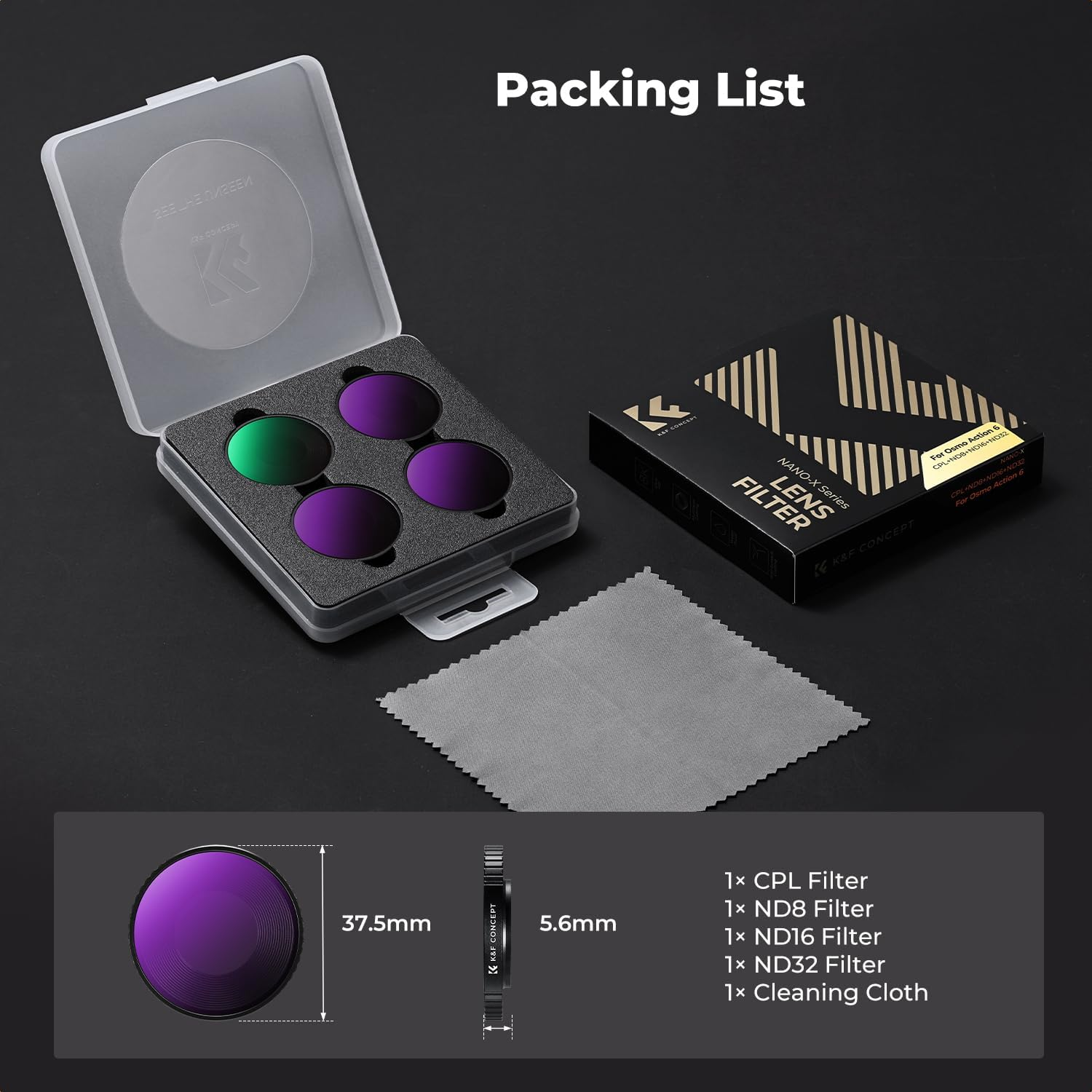 K&F CONCEPT ND Filter Kit Compatible with DJI Osmo Action 6, 4 Pack CPL ND8 ND16 ND32 Screw on Polarizing Neutral Density Filters Optical Glass/Multi-Coated Action Camera Lens Accessories image number 2