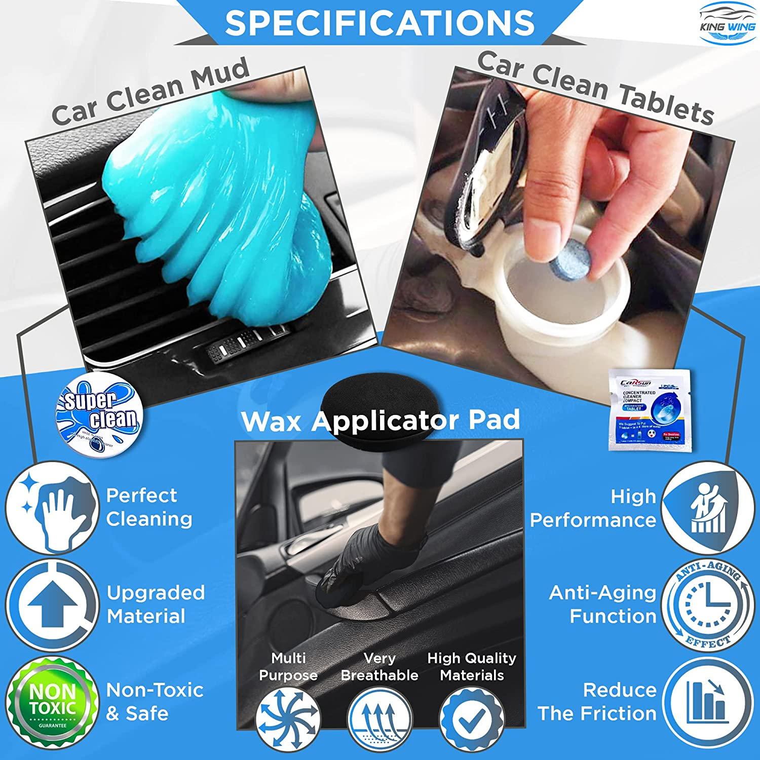 King Wing Car Wash Kit-30Pcs, Interior and Exterior Car Cleaning Tools Kit Includes Multi Size Microfiber Towels, Scrapper, Sponge, Mitt, Duster, Brushes, Wax Pads, Collapsible Bucket, Tire Repair Kit