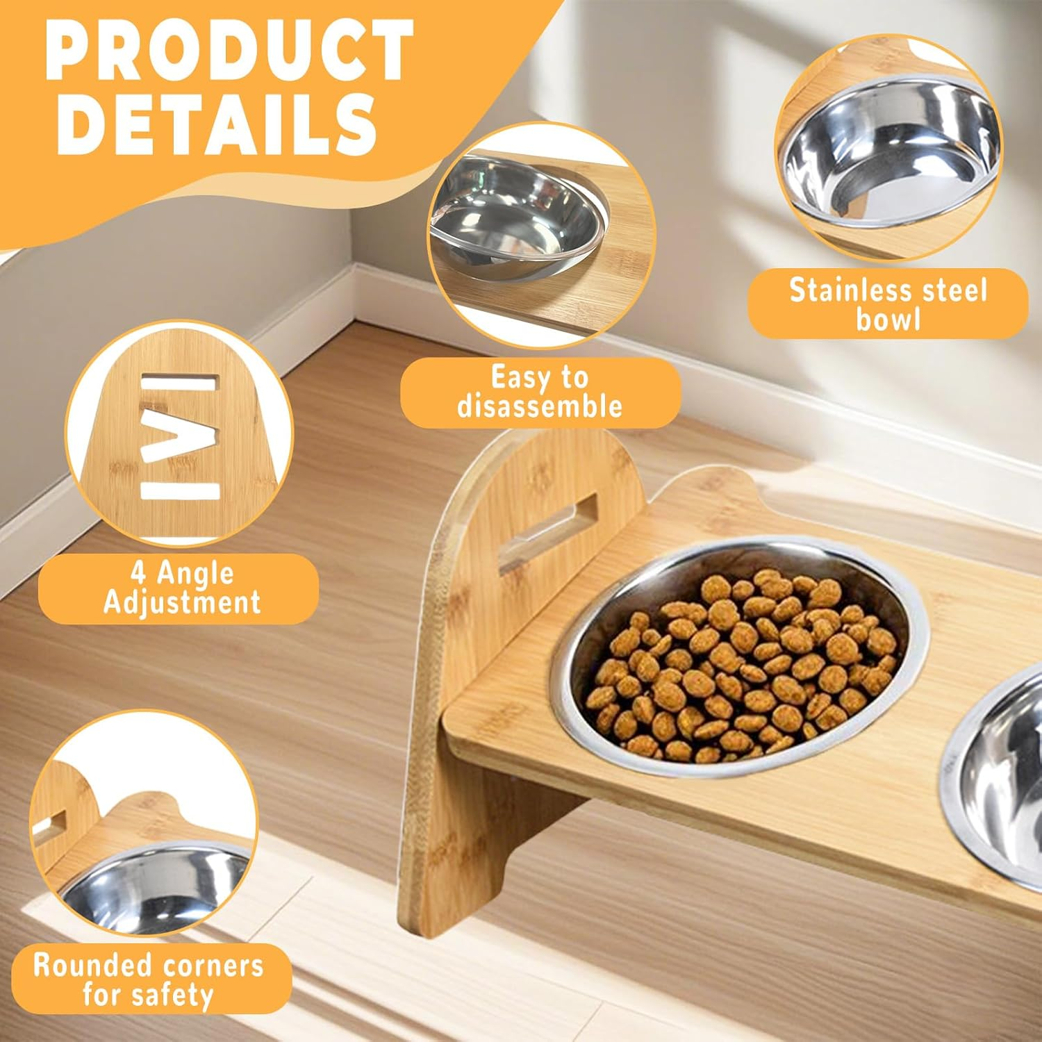 Silverchry Elevated Dog Feeder with Stand, Raised Cat Feeder 2 Stainless Steel Bowls, 4 Adjustable Heights, Bamboo Feeder for Cats, Puppies and Small Dogs image number 5